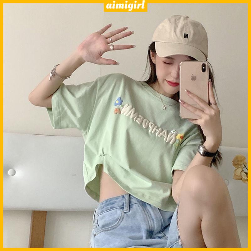 Áo Croptop Tay Ngắn Dáng Rộng Thiết Kế Mới Thời Trang Theo Phong Cách Hàn Quốc Cho Nữ