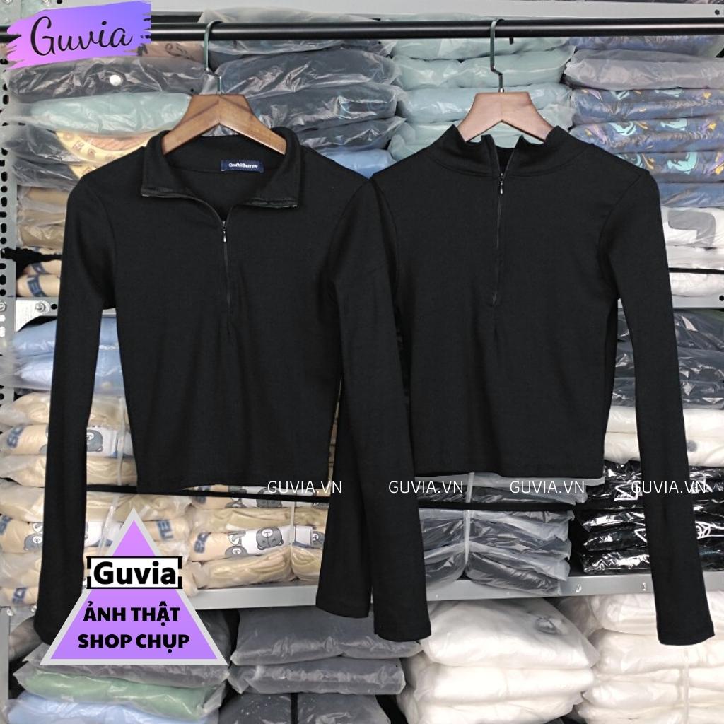 Áo Croptop Tay Dài CỔ CAO DÂY KÉO Thun Gân Ôm Body Sexy Ulzzang GUVIA
