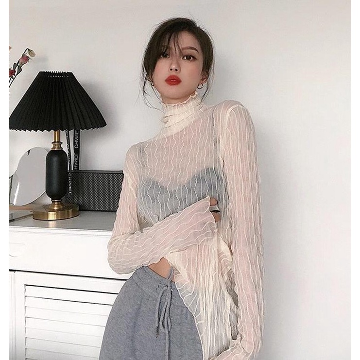 QADCOL  Áo Thun Tay Dài Ôm Dáng Phối Ren Phong Cách Phương Tây Gợi Cảm Hàng Mới