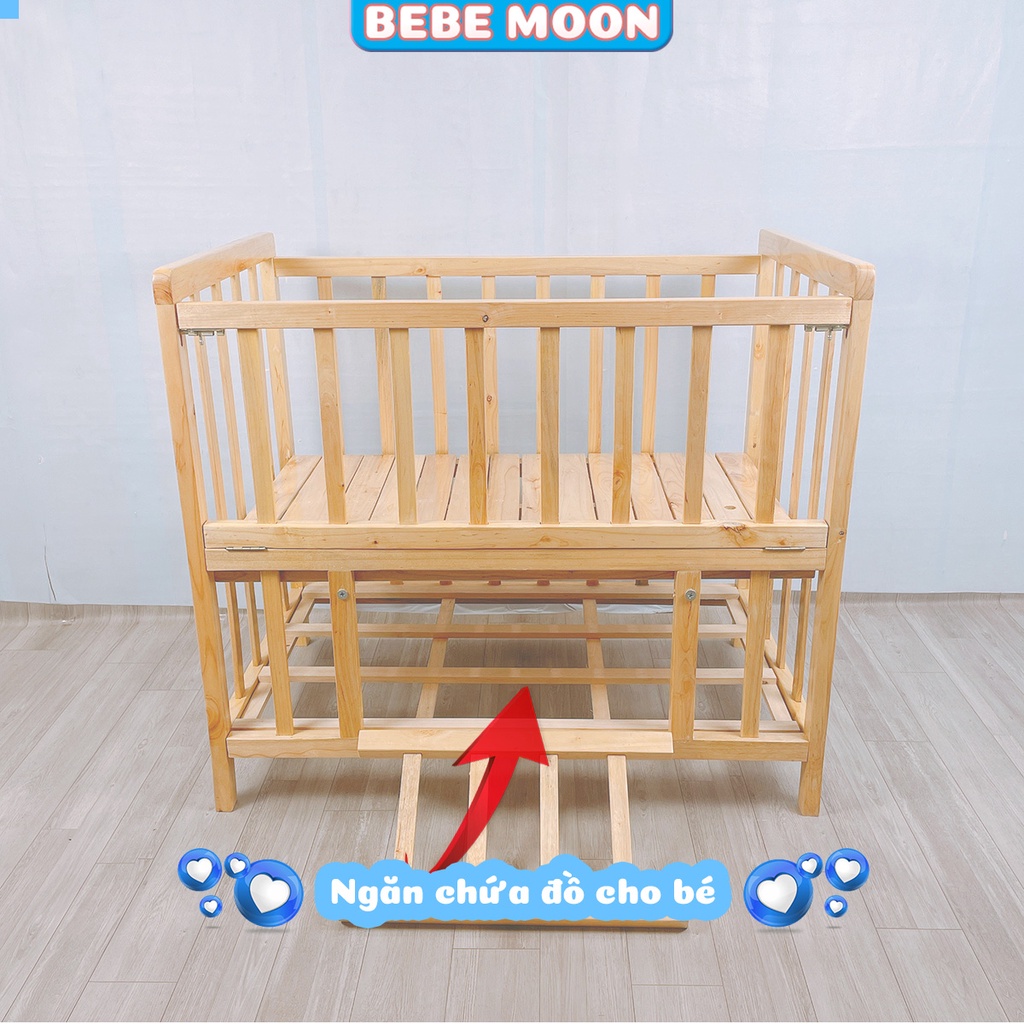 Giường Cũi Cho Bé Có 2 Tầng BeBe Moon - Chất Liệu Gỗ Quế Tự Nhiên Có Giát Để Đồ, Chịu Lực 60kg