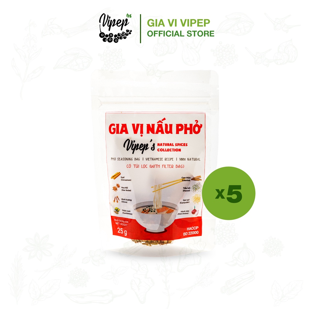 Combo 5 gói gia vị nấu phở bò, phở gà, phù hợp nấu bún bò (Vipep chuyên các gia vị tẩm ướp, hữu cơ và gia vị nêm sẵn)