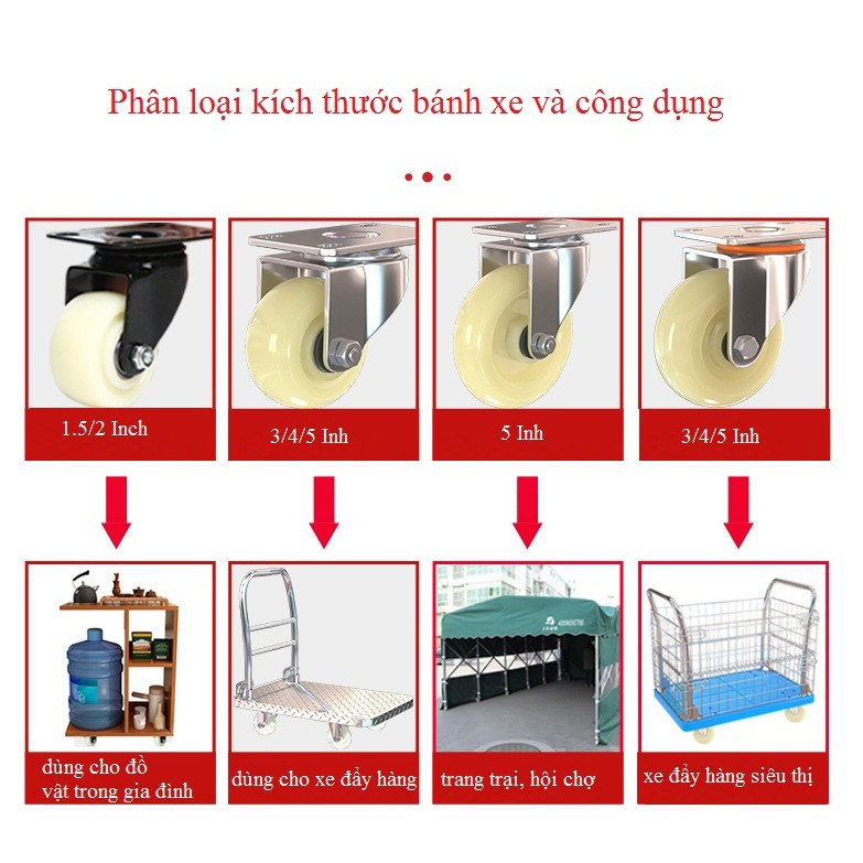 Bộ 4 bánh xe đẩy hàng  tải trọng cao gồm 2 bánh xoay và 2 bánh cố định 3 inh, 4 inh, 5 inh