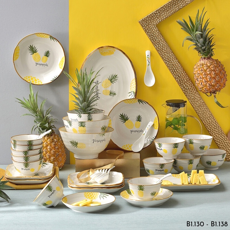 Bộ bát đĩa hình quả dứa , chén dĩa decor hình dứa Alifis