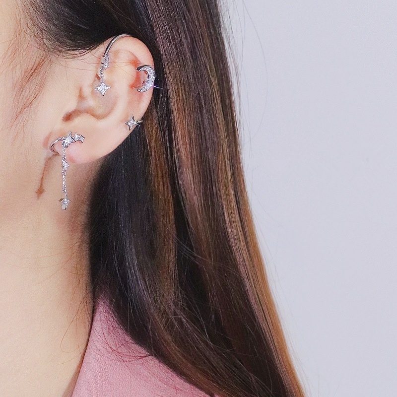 Khuyên kẹp tai mạ bạc hình trăng sao đính đá lấp lánh thời trang