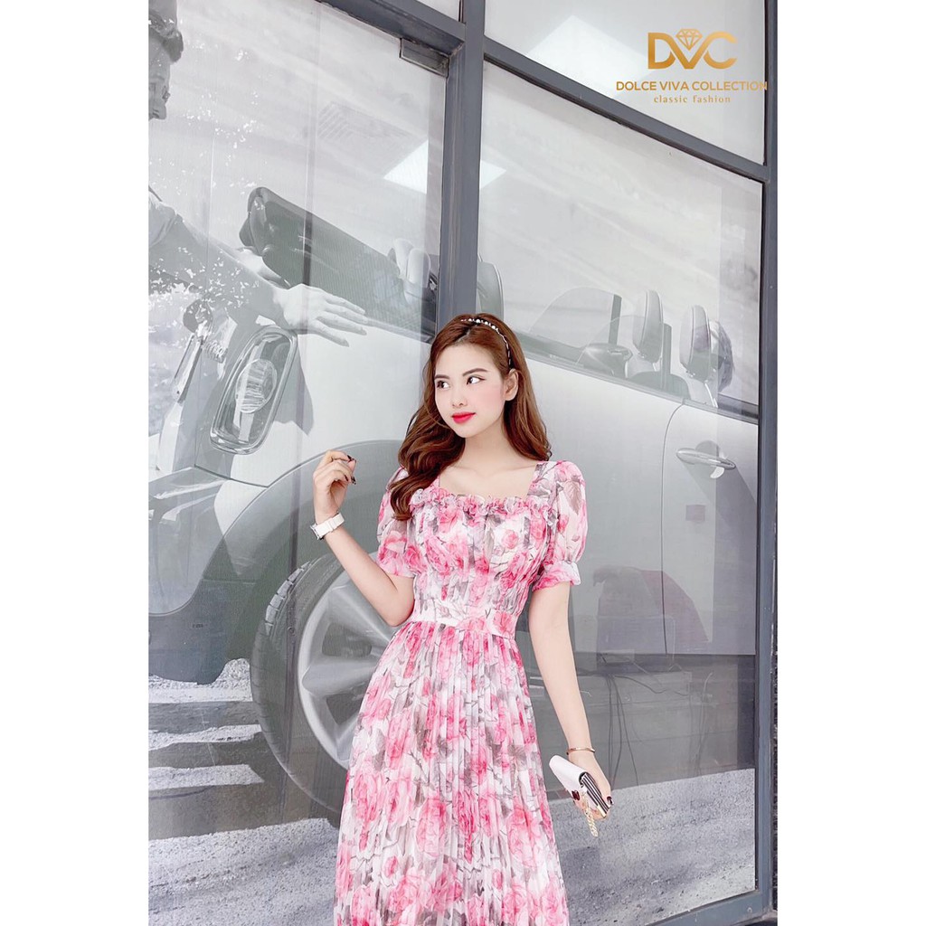 váy hoa maxi dập li hồng V1849 - Đẹp Shop DVC