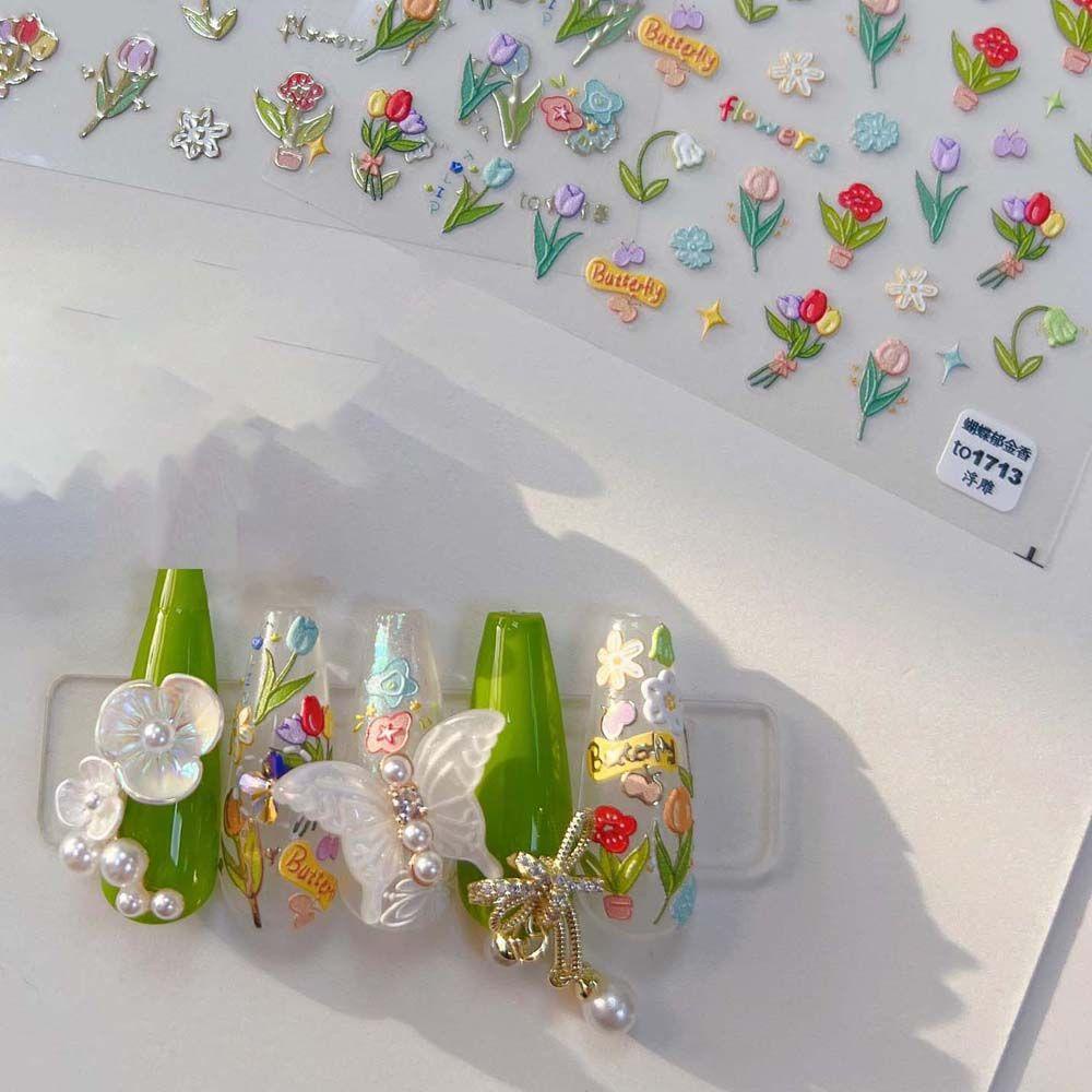 Miếng Dán Lá Nhôm Dập Nổi Hình Hoa Tulip 5D Trang Trí Móng Tay Nghệ Thuật DIY