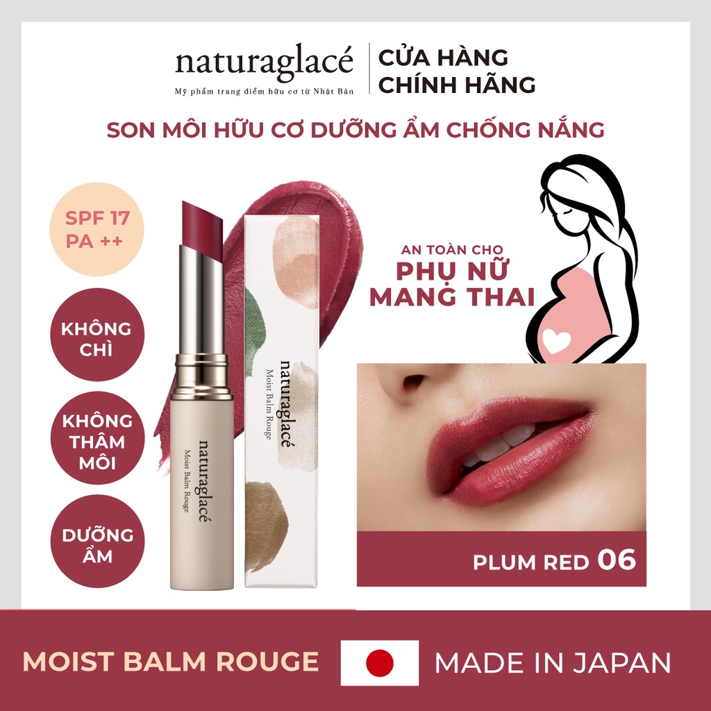 Son môi hữu cơ naturaglacé Moist Balm Rouge dưỡng ẩm, chống nắng SPF17 PA++, Màu 06 - Plum Red , 2g