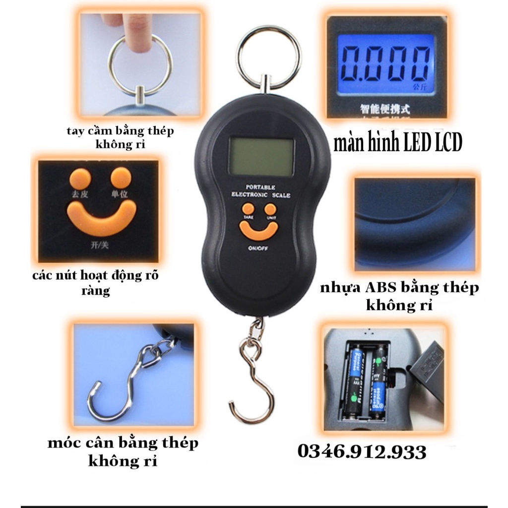 Cân móc điện tử cầm tay max 50kg cân cá khi đi câu, cân vật dụng trong nhà