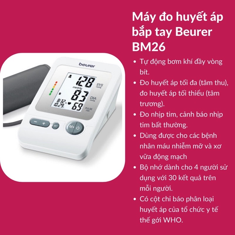 Máy đo huyết áp ,máy đo huyết áp bắp  tay BEURER BM26 của ĐỨC độ chính xác cao bộ nhớ cho 4 người bảo hành 3 năm