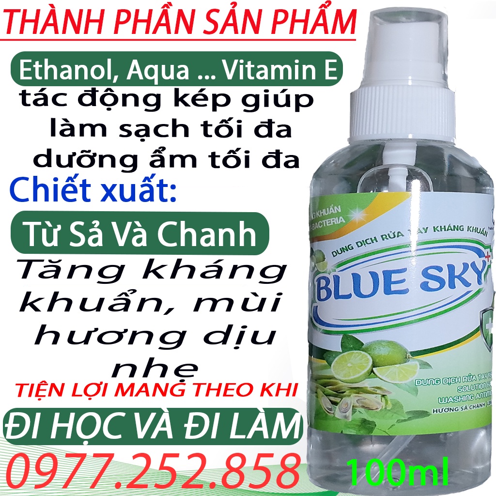 Xịt Rửa Tay kháng khuẩn Làm Sạch Vượt Trội, X3 Dưỡng Ẩm Không Gây Khô Da BLUE SKY 100ml (Chai)