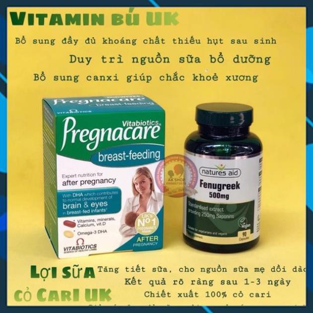 Combo lợi sữa vitamin bú Pregnacare breastfeeding và cỏ cà ri Fenugreek hàng chính hãng UK