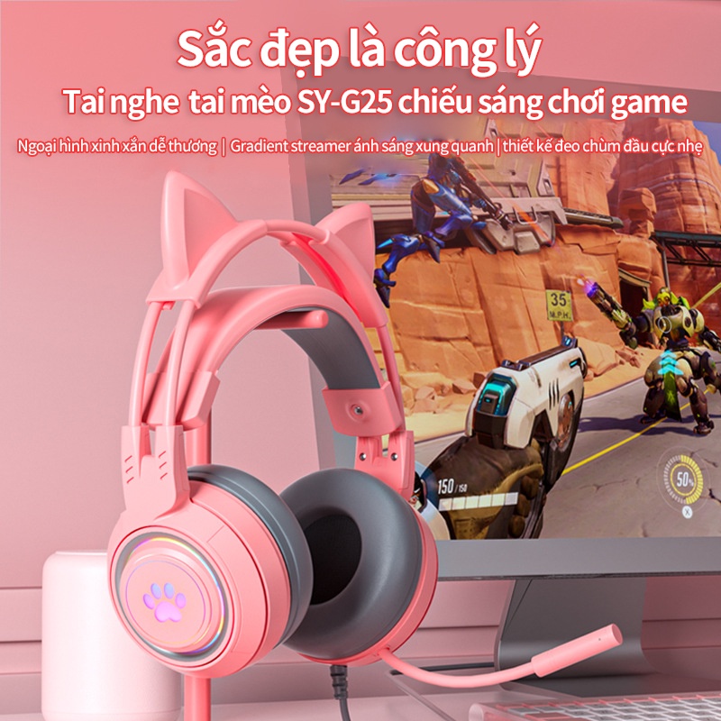 Tai Nghe Mèo có dây, Headphone Chụp Tai Có Mic Chơi Game SY-G25 , Đơn vị ổ đĩa 50mm,Âm thanh không gian 3D,Nghe Nhạc HIF