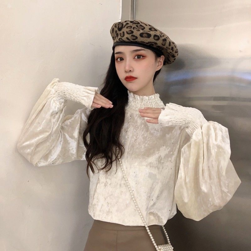 Áo nhung tay dài cổ cao xếp ly đính kim sa lấp lánh phong cách Hàn Quốc mới cho nữ