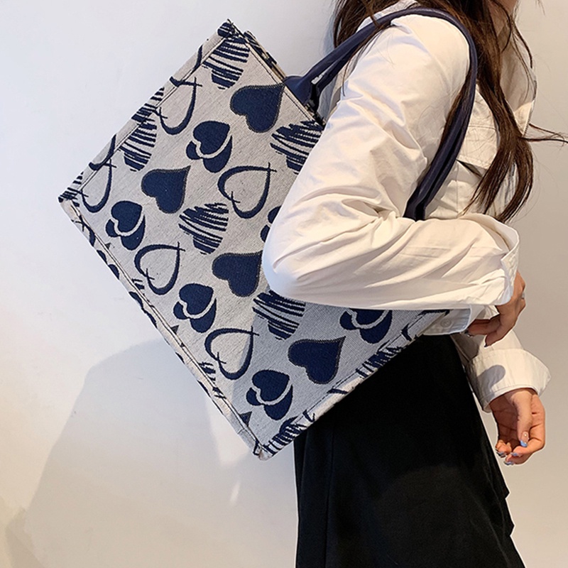 IELGY Túi Xách Vải canvas Cỡ Lớn In Họa Tiết Trái Tim Dễ Thương Cho Nữ