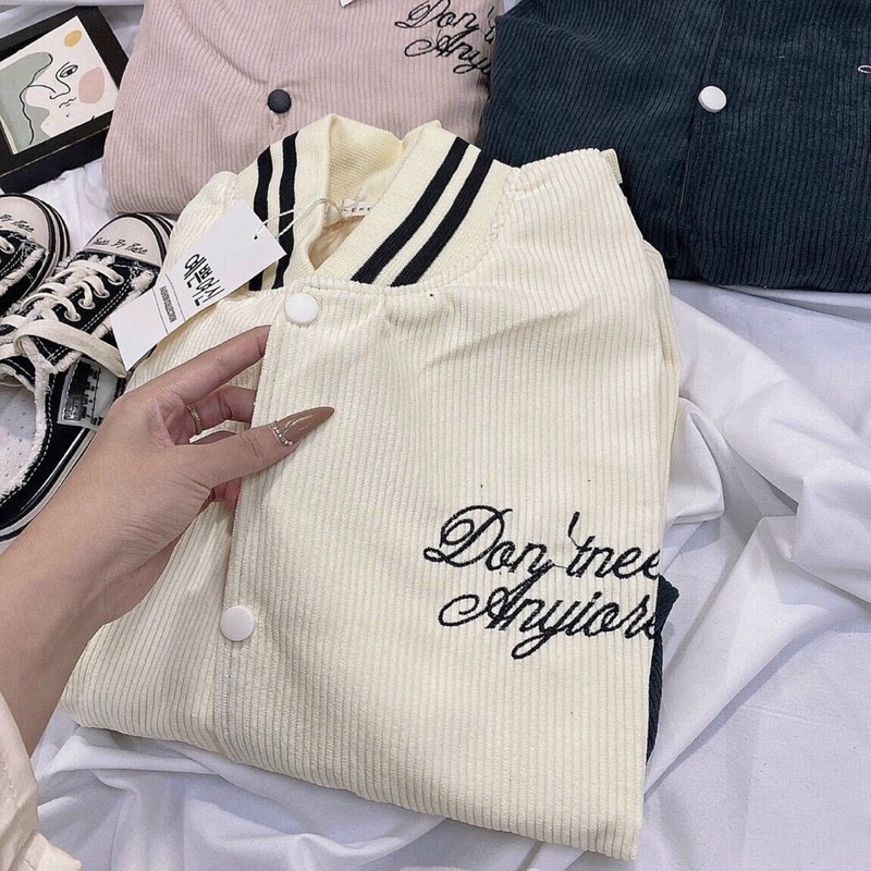 Áo khoác bomber bóng chày kaki nhung gân 2 lớp thêu unisex ulzzang nam nữ