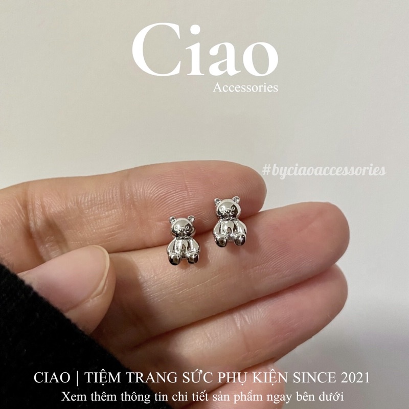 [HOẢ TỐC 1H] Khuyên tai/ Bông tai mạ bạc S925 thiết kế hình teddy Bear Tiny Ciao