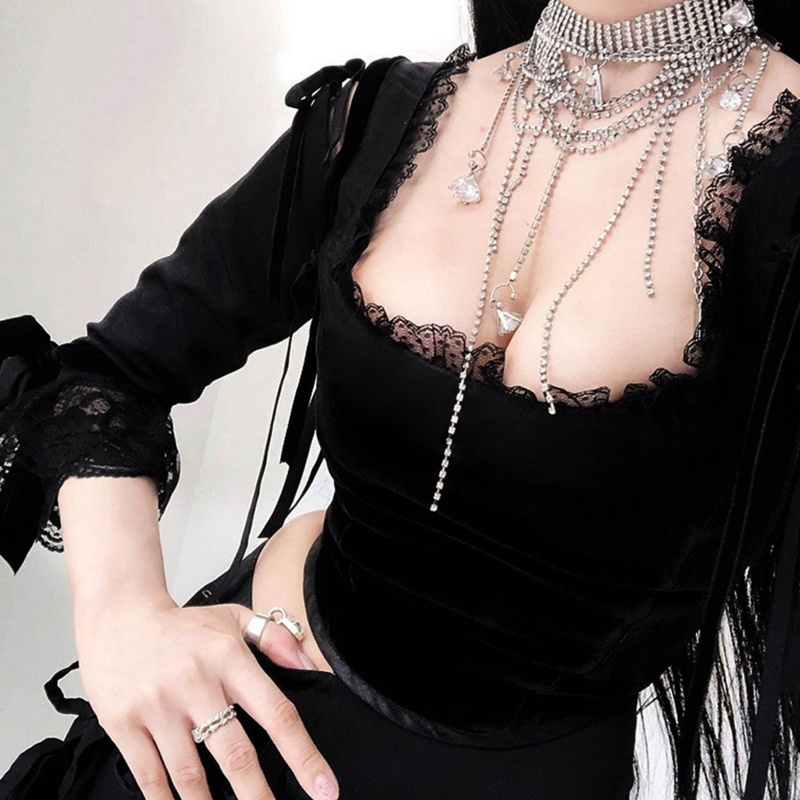 Áo croptop tay loe dài cổ vuông phối ren và nơ phong cách gothic quyến rũ cho nữ