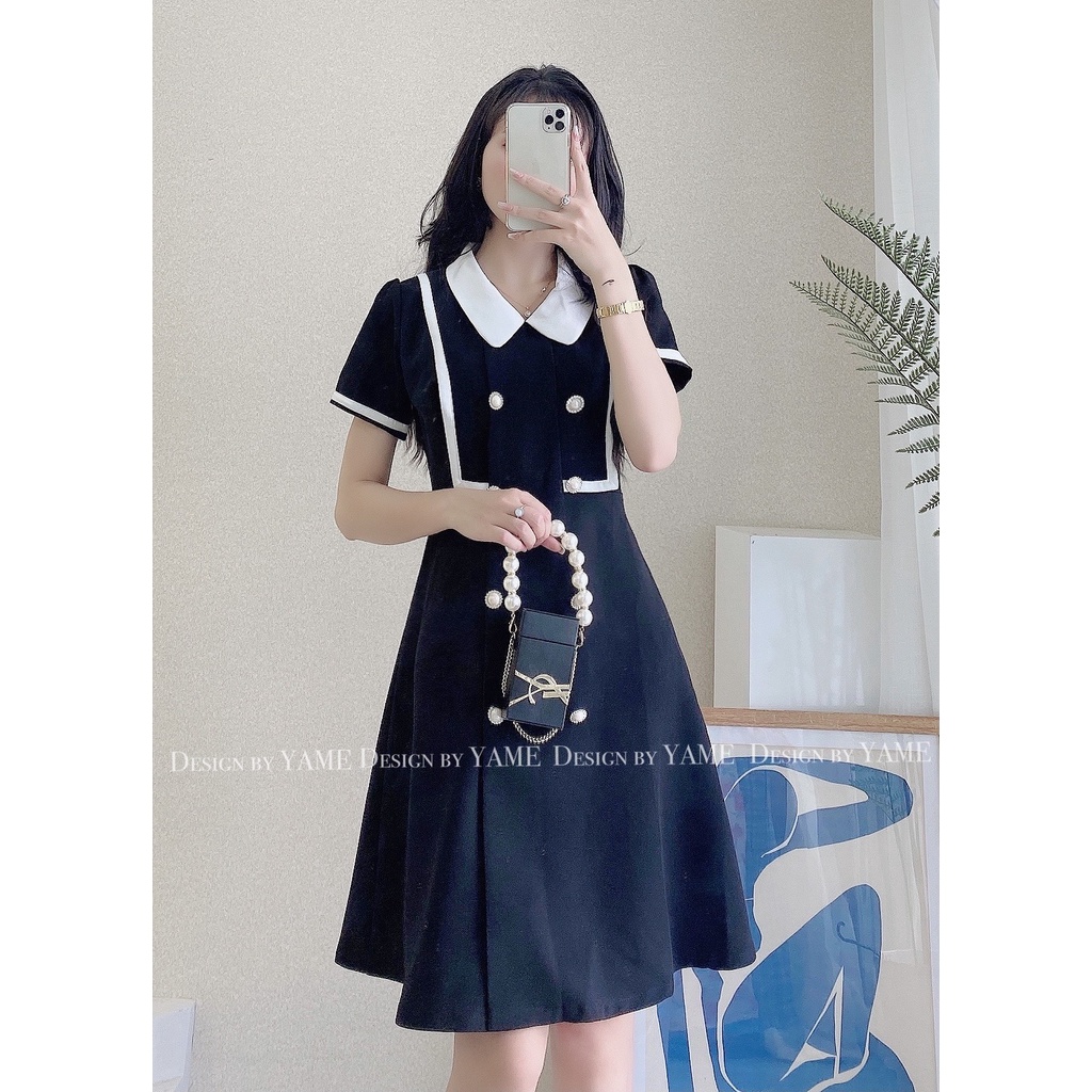 Váy đầm ngắn tay cổ sơ mi dáng chữ A màu đen viền trắng Naila Dres YAME