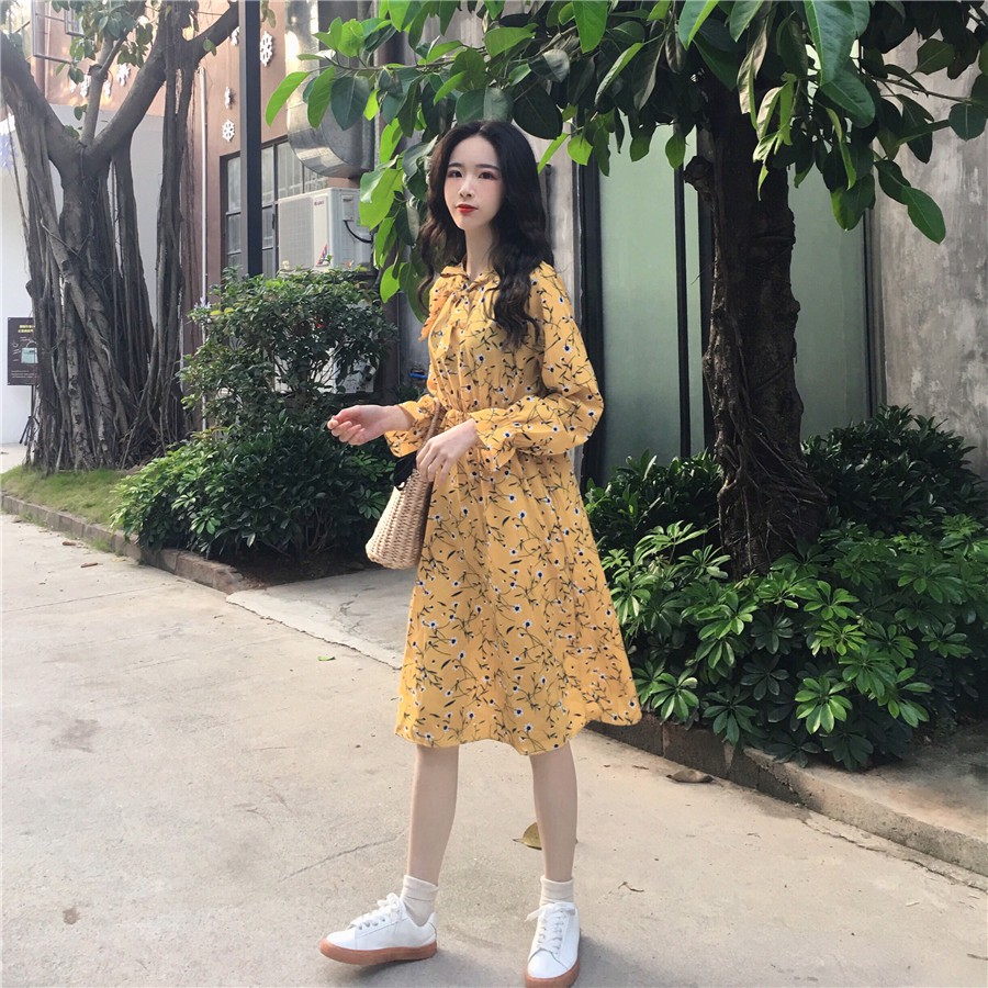 Đầm Hoa Đen Tay Dài Phong Cách Hàn Quốc 2018