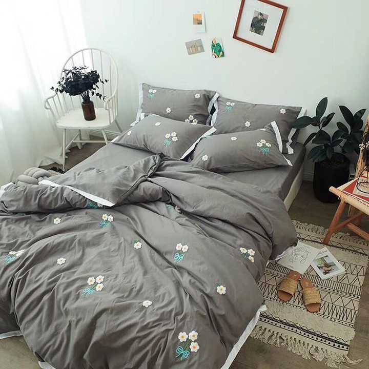 Bộ chăn ga gối drap giường chất vải ĐŨI SILK họa tiết chùm hoa xám