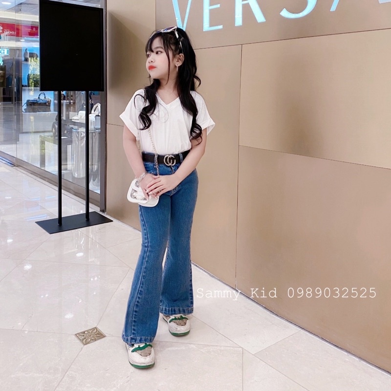 Set áo phông cánh rơi quần bò loeee Không kèm đai cho bé gái 17-41kg sang chảnh, cá tính