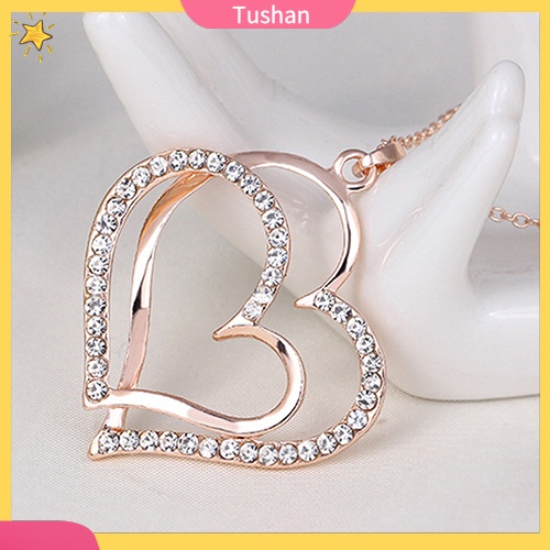 TUSH_Women's Romantic Double Love Heart Rhinestone Choker Chain Necklace Jewelry Gift