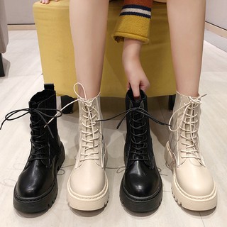 Giày Boots cao cổ len ôm chân màu đen be đế 4cm phong cách Anh 2020