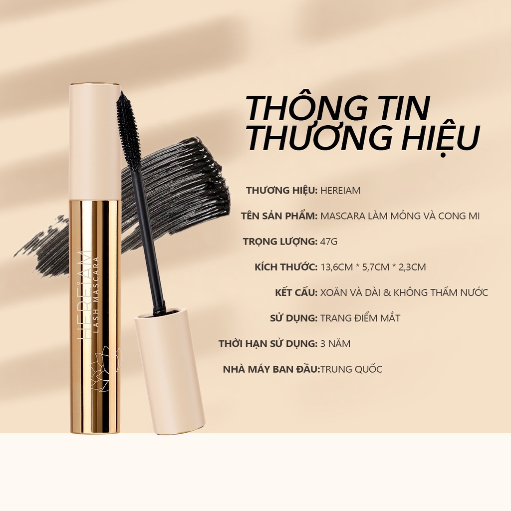 Mascara HEREIAM đầu cọ silicon ô liu công thức khô nhanh làm dày chống nước lâu trôi 47g