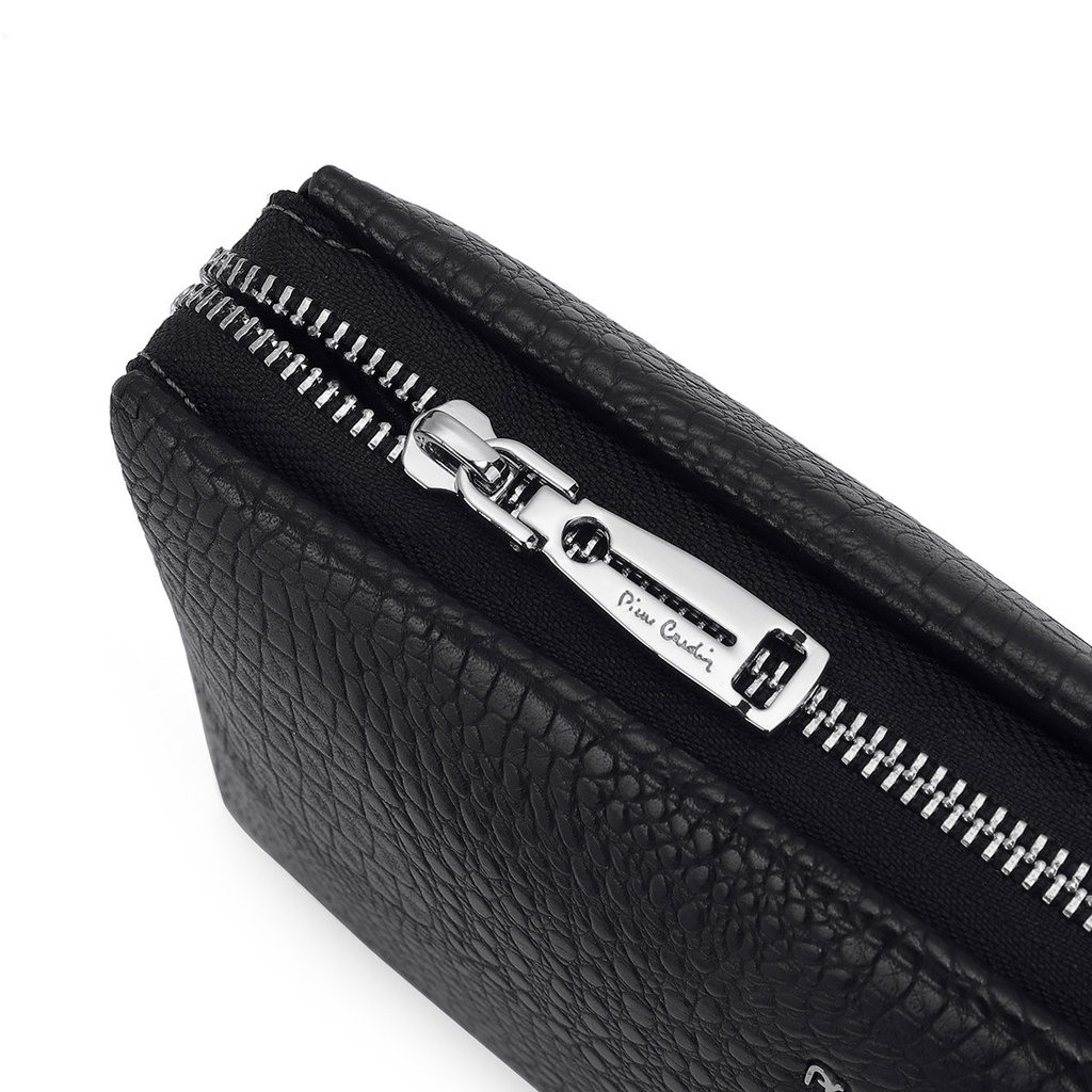 Ví cầm tay nam pierre cardin da bò, logo crom trắng