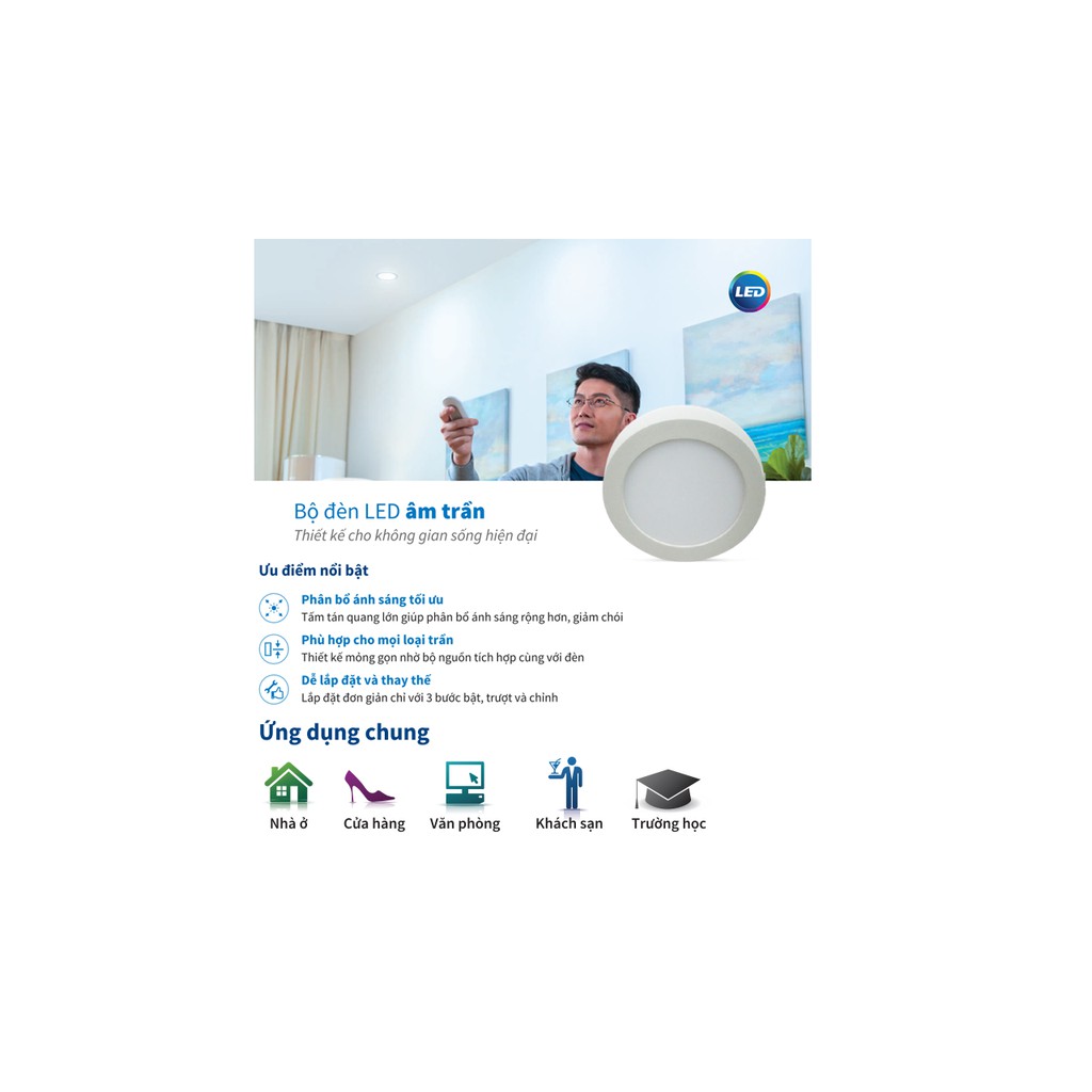 Bóng đèn LED tròn âm trần gắn nổi Philips LED Downlight 18W đường kính 200mm ánh sáng Trắng/Trung tính/Vàng