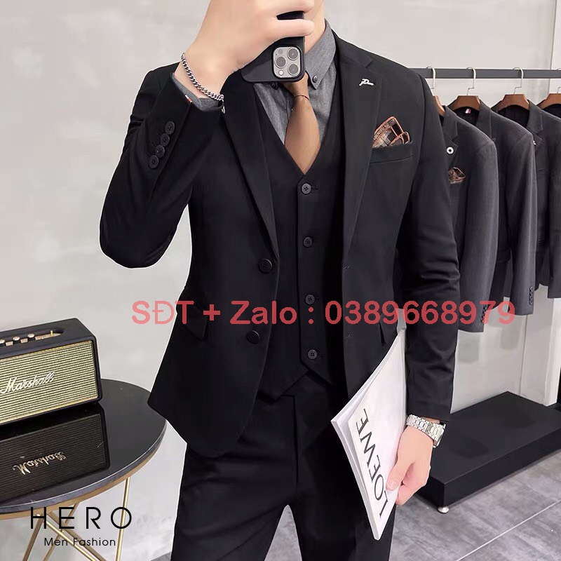 Bộ Vest Nam Cao Cấp Hàn Quốc 2 Khuy Màu Đen, Bộ Suit Nam Thanh Niên 2 Cúc chất vải dày dặn.