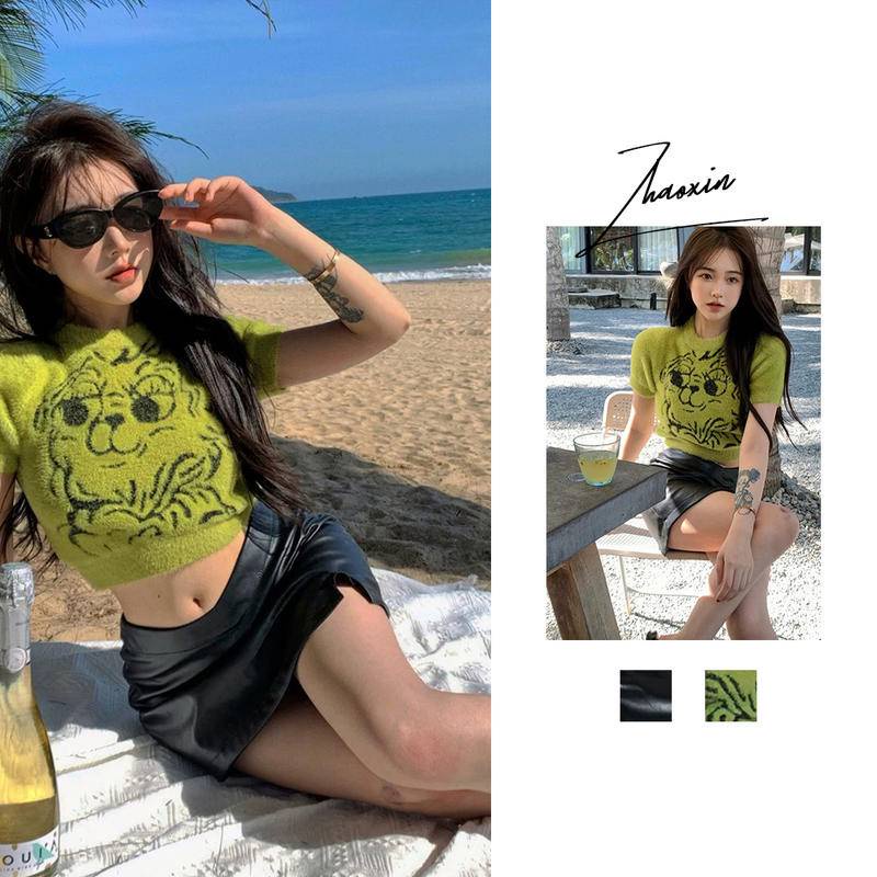 ZHAOXIN Set Áo Len Mặt Hổ Dáng Ngắn Lưng Cao Kết Hợp Chân Váy Da Sang Chảnh Dành Cho Nữ
