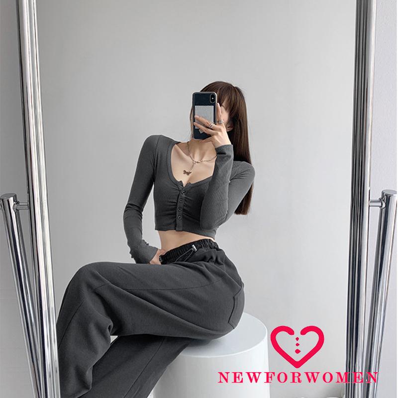 Áo Croptop Tay Dài Cổ Chữ V Màu Sắc Thời Trang Cho Nữ