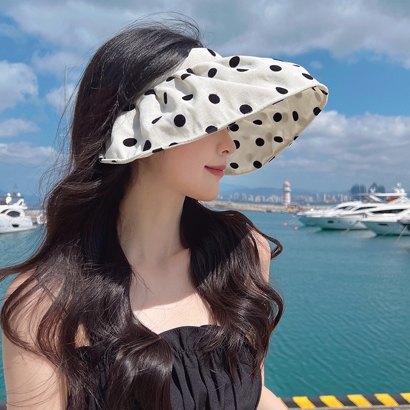 Nón Rộng Vành Hở Đầu Họa Tiết Chấm Bi Có Vành Che Nắng Thời Trang Mùa Hè Cho Nữ