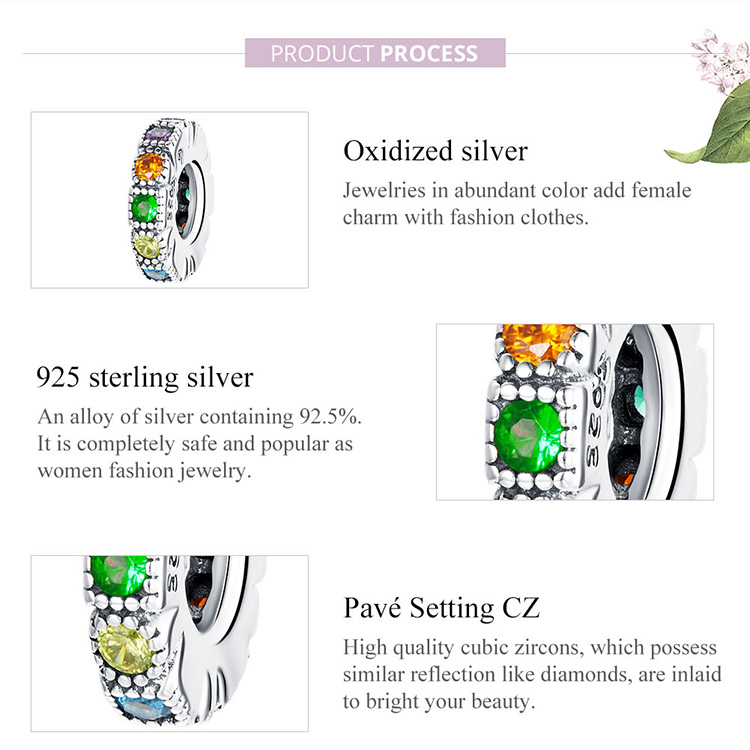 Hạt phụ kiện Bamoer 100% bạc 925 đính đá cầu vồng làm trang sức vòng tay thời trang BSC473