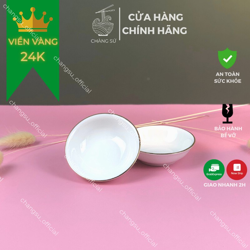 Đĩa chấm viền vàng thật 12k - Dĩa đựng gia vị đường kính 8cm sứ Minh Châu