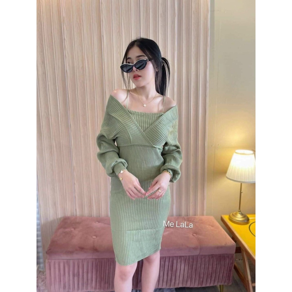 ĐẦM LEN ÔM BODY CỔ V HÀN QUỐC, VÁY LEN ÔM BODY, VÁY LEN DÁNG DÀI, ĐẦM LEN DÀI TAY XINH XẮN