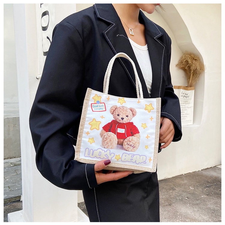 Túi tote vải lanh nhỏ nhắn in họa tiết hoạt hình phong cách Nhật Bản xinh xắn hợp thời trang dành cho nữ