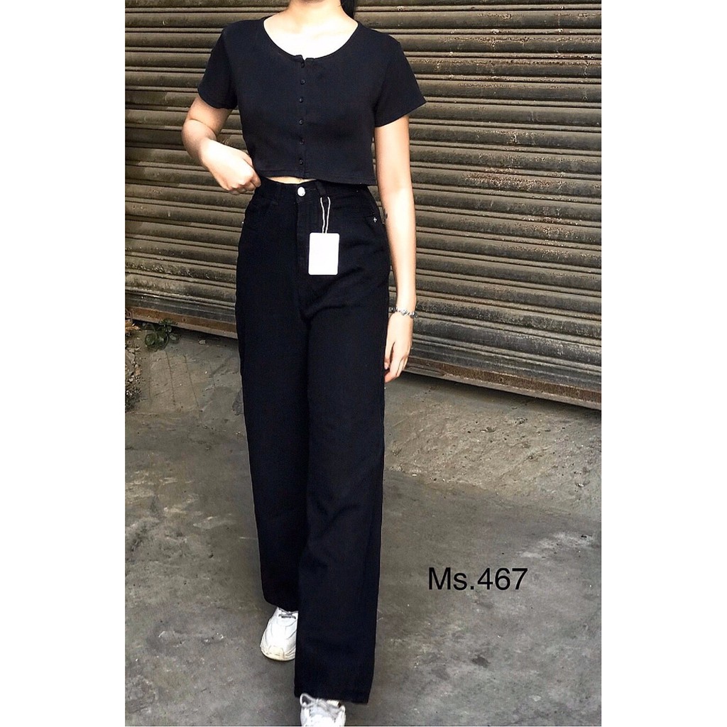 Quần jeans dài nữ Basic Black  QJSD 83, ống suông rộng lưng cao, trơn full đen đơn giản, quần bò rin culottes cạp cao