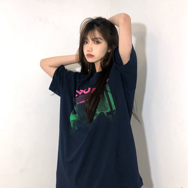 Áo Thun Tay Ngắn Màu Sắc Retro Phong Cách Hàn Quốc Cho Nữ