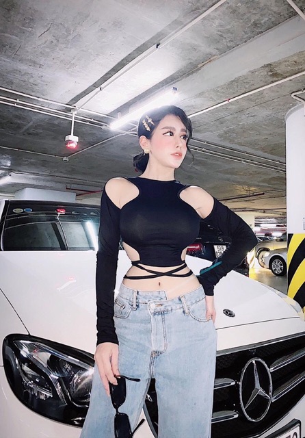 Áo croptop tay dài cut out buộc nơ eo siêu sexy -04N | BigBuy360 - bigbuy360.vn