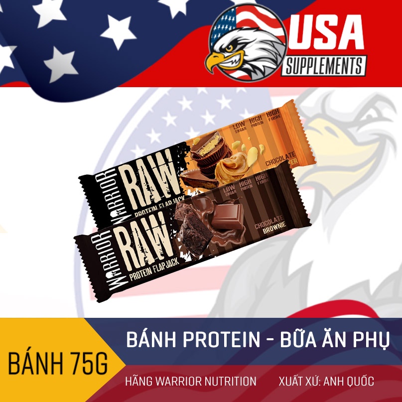 Bánh Warrior Protein RAW, Bánh Protein, nhiều chất xơ fiber, protein, ít béo, bổ sung năng lượng trước và sau tập