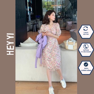 Váy hoa nhí cổ v đầm hoa nữ tay bèo dáng dài váy vintage siêu hot