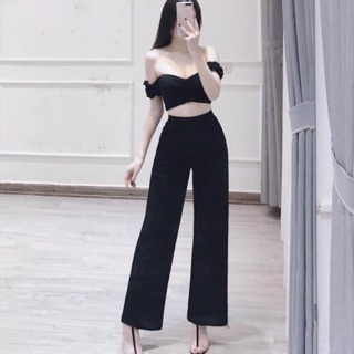 Set áo trễ vai phối quần ống rộng