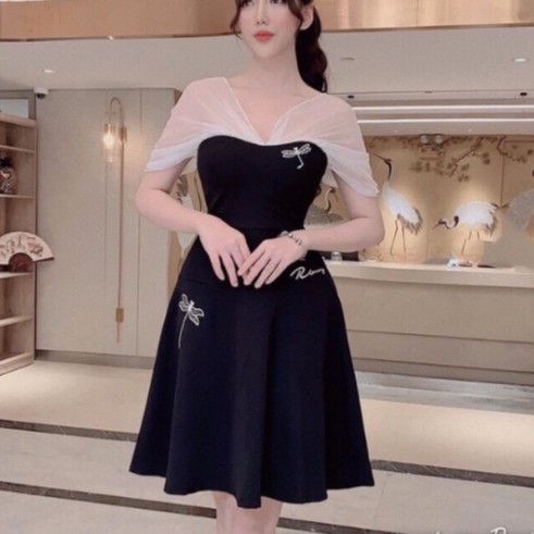 Đầm nữ, váy đi tiệc trễ vai 2 dây tay lưới xinh yêu