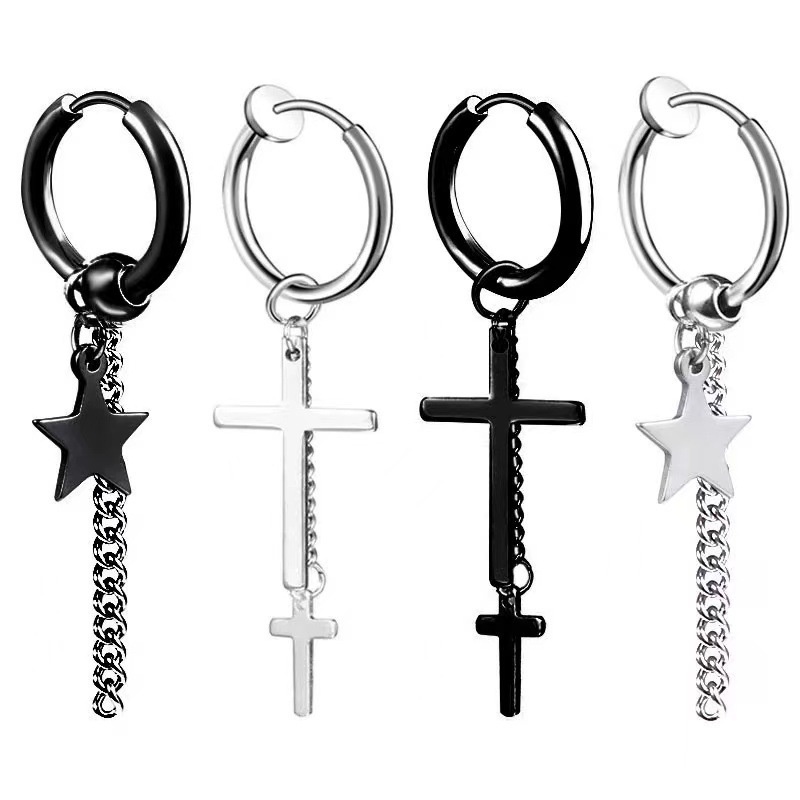 1 Khuyên Tai Hình Thánh Giá Màu Đen Bằng Thép Không Gỉ Phong Cách Hip Hop Cổ Điển Thời Trang