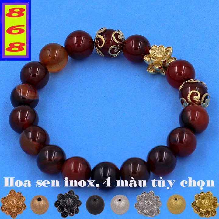 Chuỗi Đeo Tay Phong Thủy Màu Nâu 8 ly, 10 ly, 12 ly, 14 ly Charm Hoa Sen Inox - Phong thủy 868