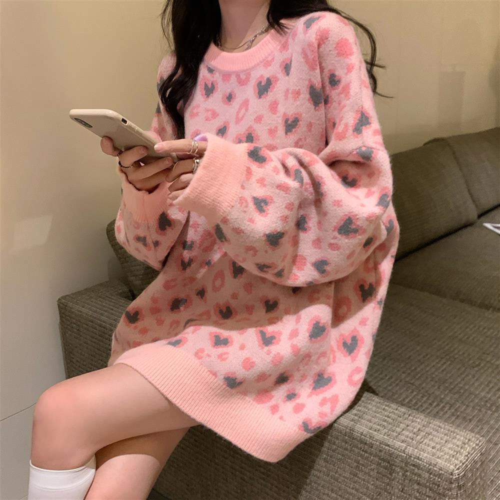 Pink blouse female long-sleeved pure desire student Korean version of loose medium-long style to cover the buttocks look thin and lazy sweaters