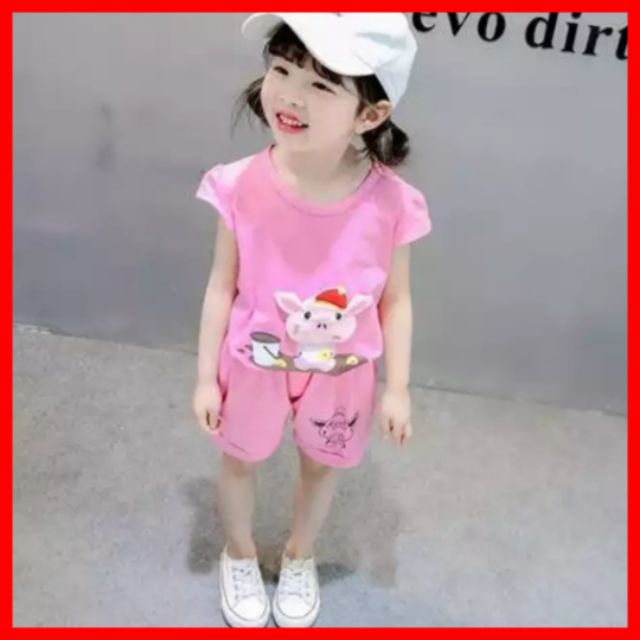 Bộ quần áo trẻ em cộc tay Bộ cotton bé gái hình heo con Bộ mùa hè bé gái M48