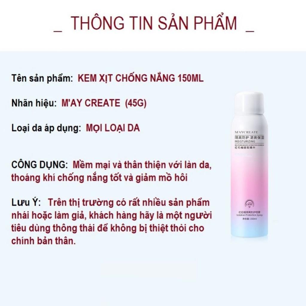 [FreeShip] Xịt chống nắng Maycreate làm trắng da, dưỡng ẩm, chống nắng, chống nước hiệu quả (150ml)